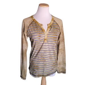Prana Womens M Top Zoe Henley Mustard Gray Stripe Shirt Ladies Burn Out Tee